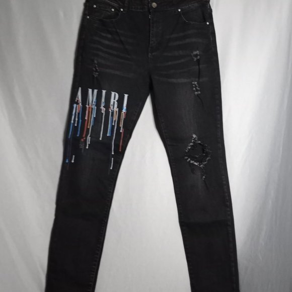 AMIRI Jeans Amiri Mens Distressed Dripping Amiri Logo Slim Black
